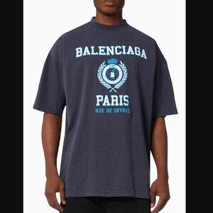 Balenciaga Varsity Logo T-shirt Oversized Unisex Size XS Navy Blue